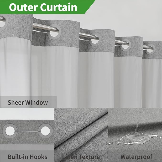 Stall No Hooks Needed Linen Textured Shower Curtain with Snap-in Fabric Liner Set,Hotel Luxury Decor Shower Curtains for Bathroom,Waterproof & Washable,60Wx74H,Grey/Gray
