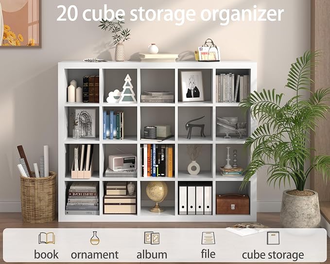 furtble Sturdy Wooden Bookshelf - 20-Cube Organizer, Multifunctional Cubicle Rack for Display & Storage, Living Room, Bedroom, Office, White