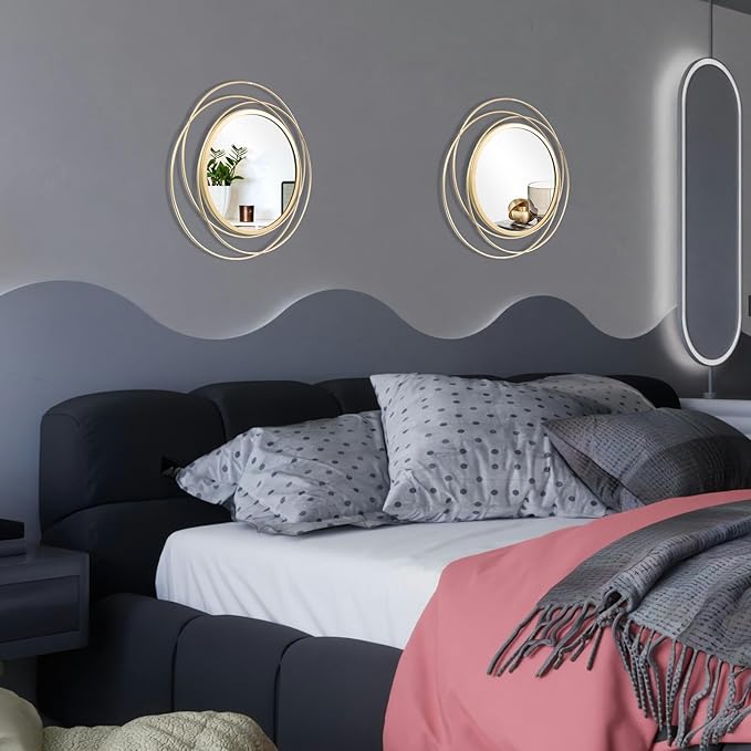 2 Set Circle Mirrors for Wall Decor for Living Room Bedroom Bathroom Entryway Metal Round Mirror Decorative Hanging Mirrors Sun Bohemian Geometric Accent Sculpture -Gold 13 in