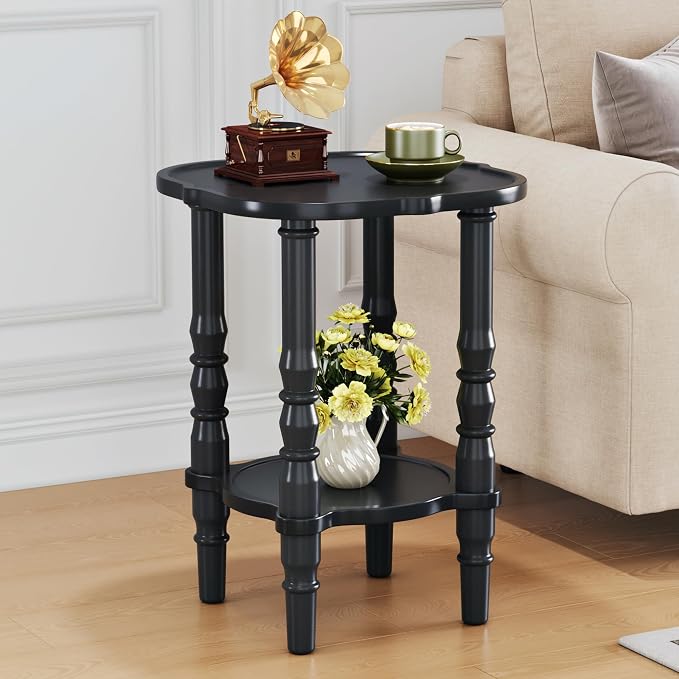 Solid Wood End Table Living Room - 21.7" H Small Narrow Square Wooden End Table for Small Spaces, Dark Real Black Solid Wood Vintage Antique Side Bedside Table Nightstand with 2-Tier Storage