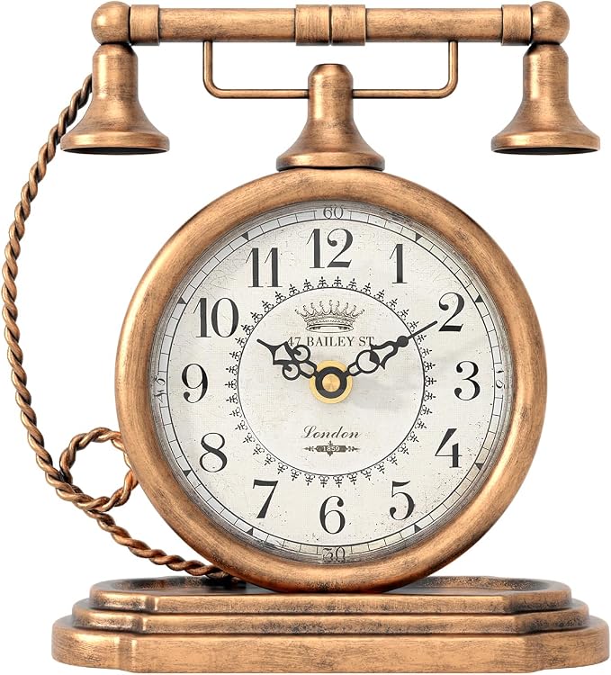 Vintage Table Clock, Desk and Shelf Decor Clock, Gold Antique Telephone Style Mantel Clocks, for Living Room, Farmhouse, Bedroom, Bedside, Gift (7.3" H x 7.3" W)
