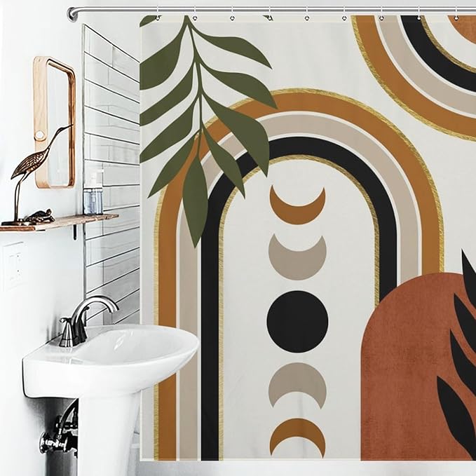 Bohemian Leaf Shower Curtain,Mid Century Abstract Tropical Plant Minimalist Modern Geometric Palm Leaf Simple Waterproof Fabric Bathroom Shower Curtain Set with Hooks,72x78Inch