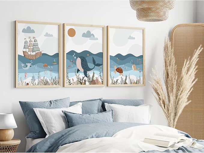 Ocean Nursery Wall Art Pictures Blue Nautical Canvas Art Beach Animal Wall Decor Baby Boys Room Wall Art Sea Whale Prints Ocean Nautical Poster for Nursery Baby Room 12x16 Inch Set of 3 Unframed