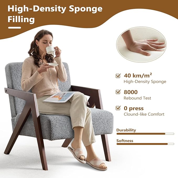Bonzy Home Mid-Century Modern Accent Chair Set of 2 with Wood Frame, Upholstered Armchair for Bedroom & Living Room, Linen Fabric Cushion, Z-Shaped Armrest Design, Sturdy Lounge Chair