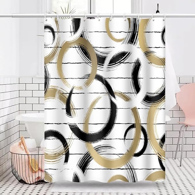 Modern Abstract Style Shower Curtain Black White Round Pattern Geometric Lines Shower Curtains for Art Aesthetic Bathroom Waterproof Fabric Decor Set with Hooks, 72W x 96H Inch