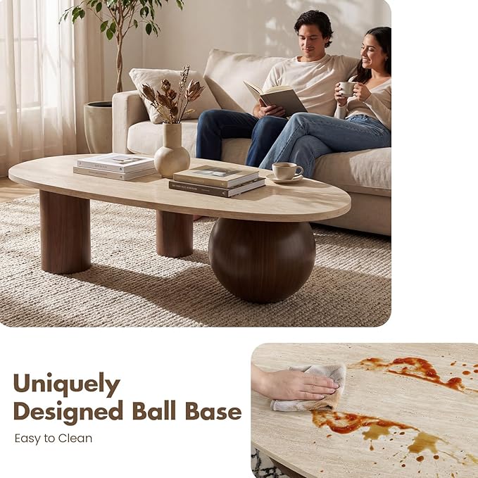 55" Modern Cloud Coffee Table for Living Room, Travertine-Pattern Top Irregular Coffee Table with Walnut Wood Finished Legs, Modern Indoor Accent Center Table for Living Room Bedroom