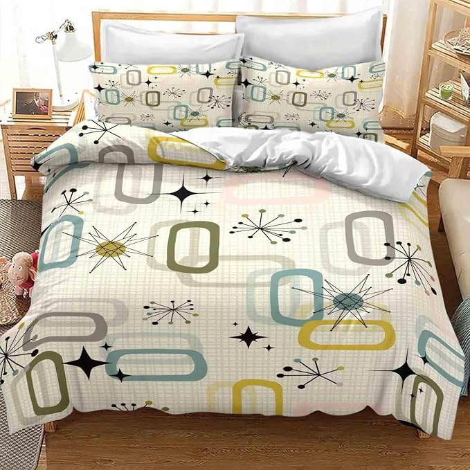 Modern Geometric Bedding Set,Retro Mid Century Colorful Diamond Abstract Geometric Vintage 60s 70s Pattern Comforter Set with Pillowcase for Bedroom Bed Decor,Full 79"x90"