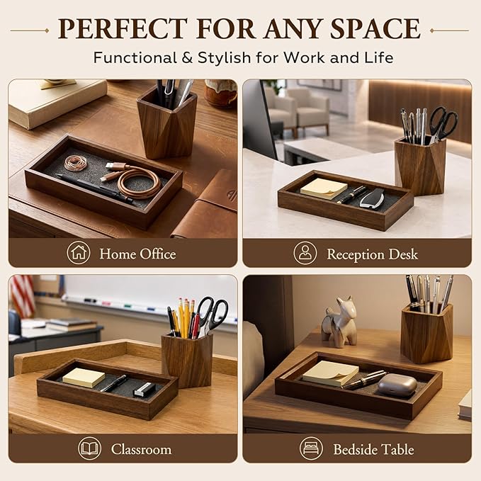 Marspark Walnut Desk Tray with Pen Holder Set, Non-Slip Desk Tray and Pencil Holder Set with Felt Lined, Natural Wooden Desktop Drawer Organizer Office, Organizer Trays for Keys, Pen, Watch