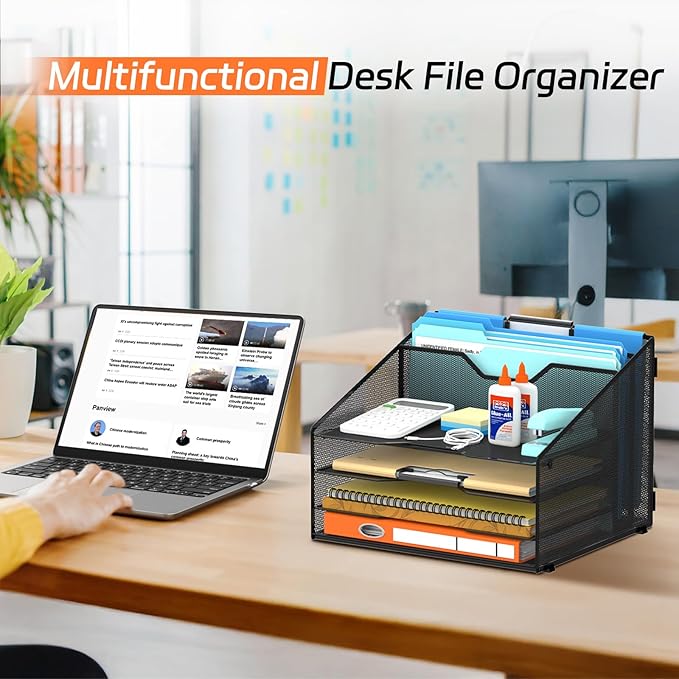 SUPEASY Desk File Organizer with 4 Letter Trays and 2 Vertical Sections, Heavy-Duty Metal Mesh Paper Organizer for Office, Home, Workspace – Black