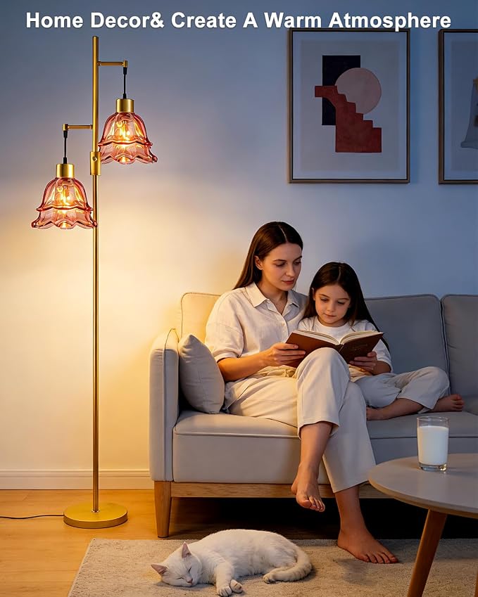 2-Light Modern Glass Floor Lamp, Gold Tall Standing Lamp with Deep Red Tulip Glass Shade for Reading, Dimmable LED Floor Lamp with 5Lbs Heavy Base for Living Room Bedroom Home Decor, Bulb Included
