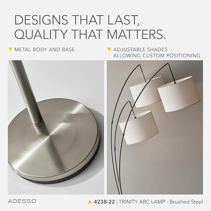 Adesso Arc Floor Lamp with 3 Movable Shades & Dimmable Brightness - Perfect Lighting for Bedroom, Living Room and Corner Decor, Brushed Steel