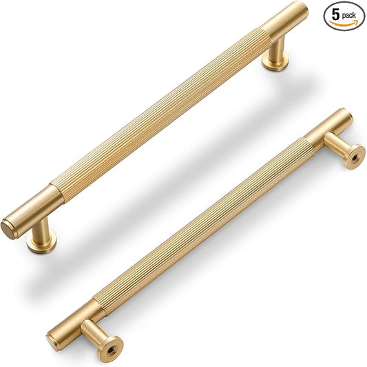 SALISENG- Solid Brass Kitchen Cabinet Pulls, 5 Pack Brushed Gold Drawer Handles, 6-3/10 Inches Hole Distance,Modern Furniture Hardware Door Handles for Closet Cupboard Wardrobe(Arina)