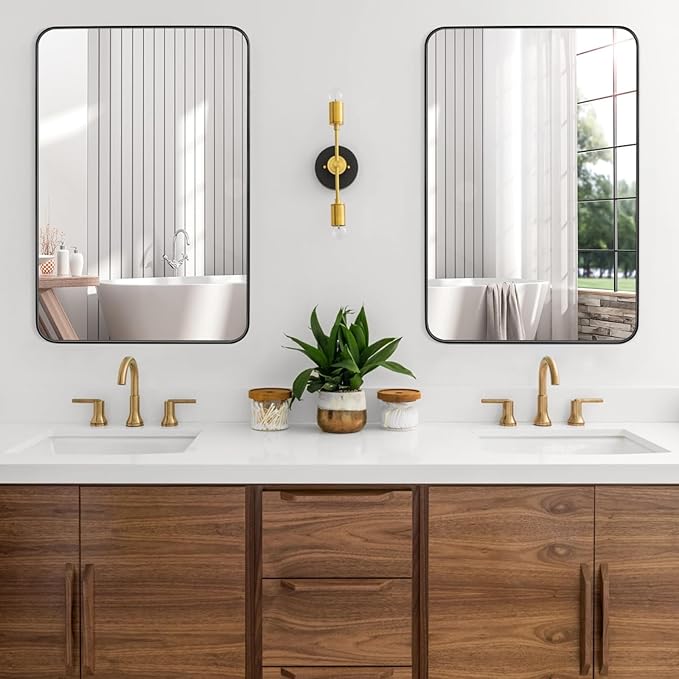 Black Bathroom Mirror 24X36 Inch Rounded Rectangle Wall Mirror Stainless Steel Metal Frame Vanity Mirror Anti-Rust for Entryway, Bathroom, Vanity, Living Room Hangs Vertically or Horizontally