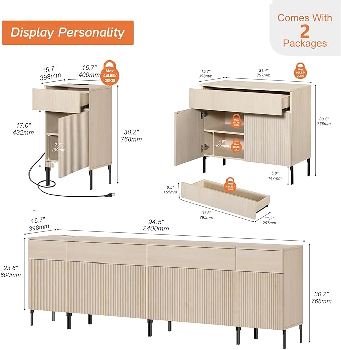 WAMPAT 94.5" Large Sideboard Buffet Cabinet with 4 Drawers & 5 Doors, 4-in-1 Fluted Storage Cabinet with Charging Station, Modern Buffet Table Coffee Bar Wine Bar Cabinet for Dining Room,Beige
