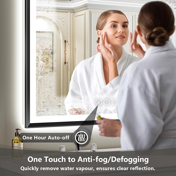 48x40 Black Framed LED Bathroom Mirror with Lights, Backlit and Front Light, Lighted Bathroom Vanity Mirror for Wall Dimmable Anti-Fog Memory Tempered Glass Horizontal/Vertical