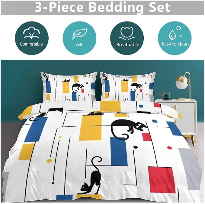 Mid Century Bedding Set,Retro Black Cat 1950s 1960s Abstract Atomic Colorful Geometric Pattern Modern Comforter Set with Pillowcase for Bedroom Bed Decor,Queen 90"x90"
