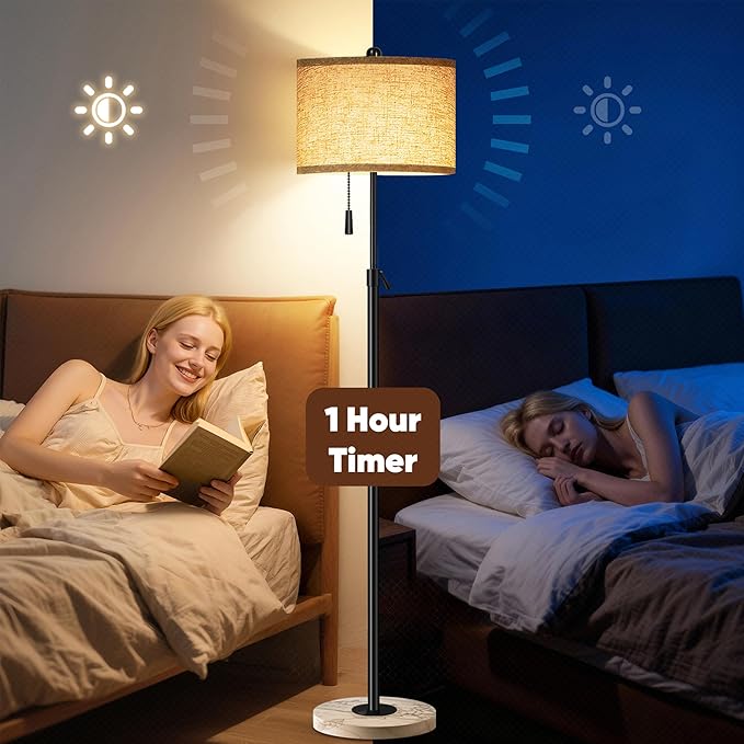 Floor Lamp for Living Room, Floor Lamp with Remote Control, Adjustable Height Modern Standing Lamp with Marble Base & Linen Shade, Dimmable Tall Floor Light for Bedroom, Reading Black