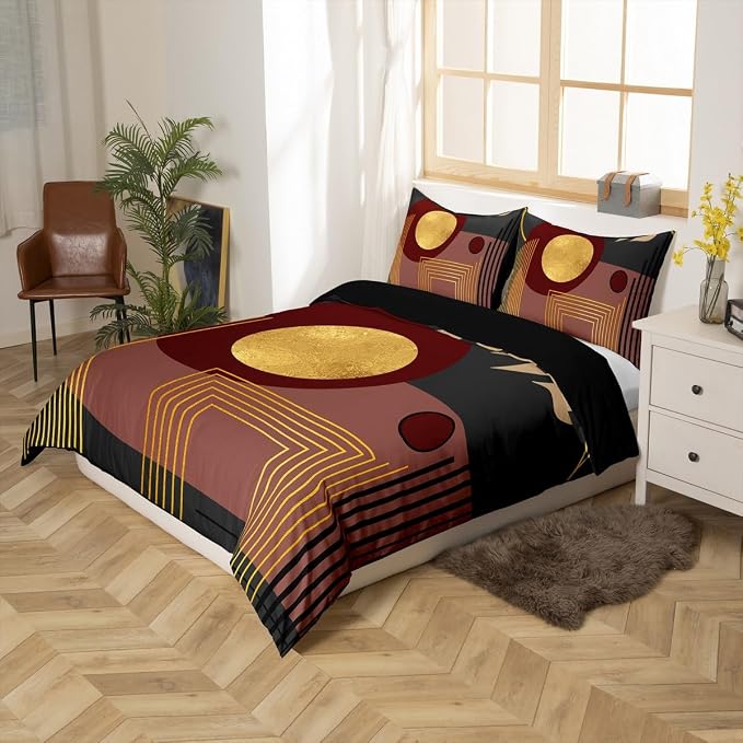 Erosebridal Boho Mid Century Twin Comforter Cover Dark Brown Neutral Modern Duvet Cover Geometric Abstract Bed Set Minimalist Aesthetic Bedding Set