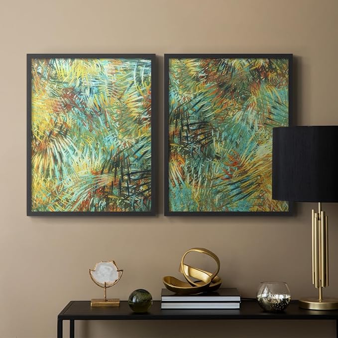 Renditions Gallery Set of 2 Peel & Stick Framed Prints, Nature Abstract Wall Art, Green Leafy Design Wall Decor, Re-Stickable - Ready to Hang - 11"x14" - Black Frame LT588