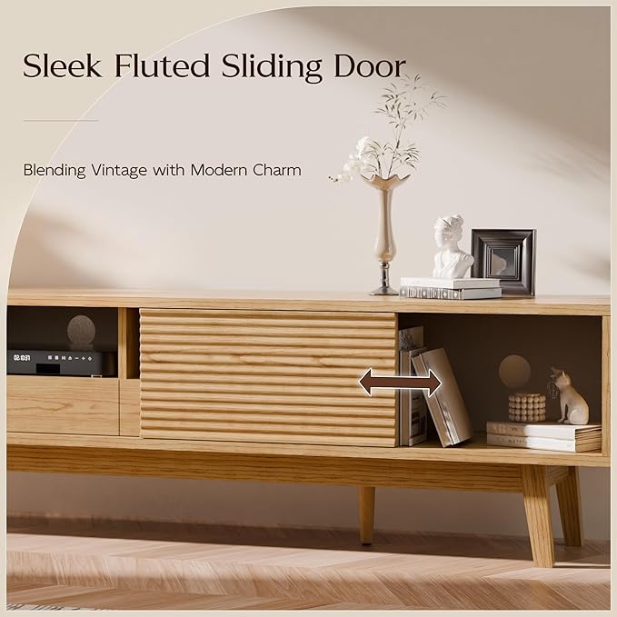 TOLEAD 70" TV Console, Mid Century Modern Media Console for 55/65/75 Inch TV, Low Profile TV Stand with Fluted Sliding Doors, Boho Light Wood Credenza for Living Room, Oak