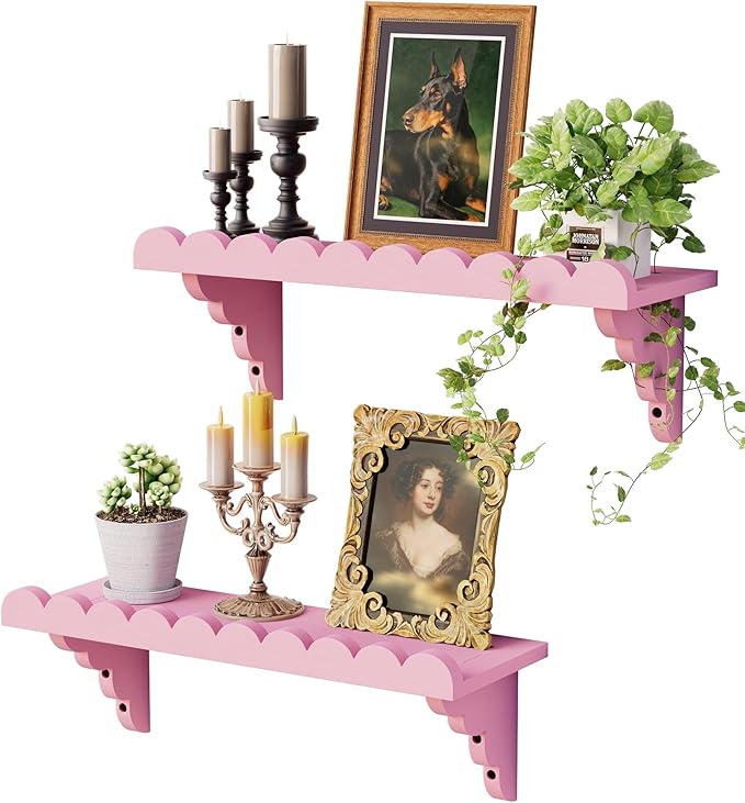 Scalloped Wood Wall Shelf – 17 Inch Floating Shelf with Wood Brackets, Easy to Install Rustic Wall Shelf for Living Room, Bedroom, Bathroom, or Any Space