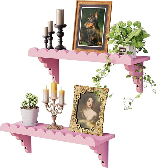 Scalloped Wood Wall Shelf – 17 Inch Floating Shelf with Wood Brackets, Easy to Install Rustic Wall Shelf for Living Room, Bedroom, Bathroom, or Any Space