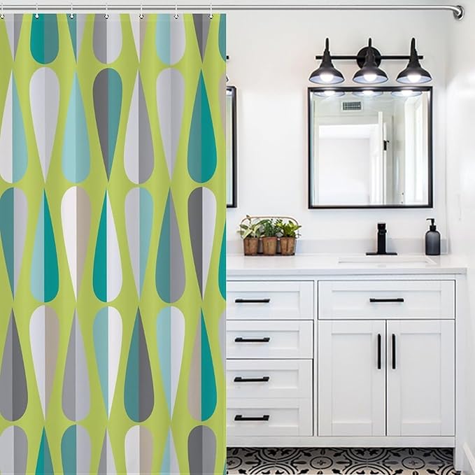 Mid Century Modern Shower Curtain,Abstract Geometric Drop Shapes Art Style Shower Curtains Set for Bathroom Fabric Decorative Bath Curtain Washable Curtain Hooks, 72x72 inch