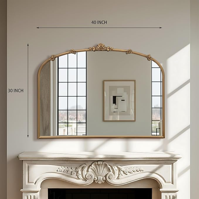 Besdomus Large Vintage Gold Mirror: 40"x30" Traditional Ornate Arched Mirror - French Baroque Antique Mirrors for Wall/Mantel/Bedroom/Entryway/Bathroom/Hallway - Home Decor for Fashion-Conscious