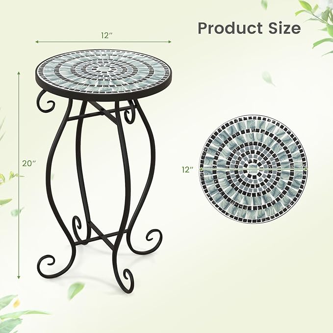 Giantex Outdoor Side Table, Mosaic Patio Table, 12 inch Accent Table Plant Stand Indoor, Ceramic Tile Top Metal Frame, Small End Table Porch Beach Patio Garden Balcony Poolside (Wave)