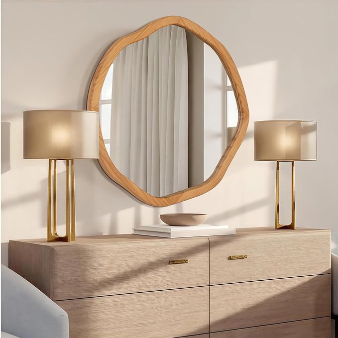 ULIKE Round Wood Mirror, 30 Inch Asymmetrical Circle Vanity Mirror with Wood Frame, Rustic Decorative Wall Mount for Bathroom Bedroom Living Room Entryway