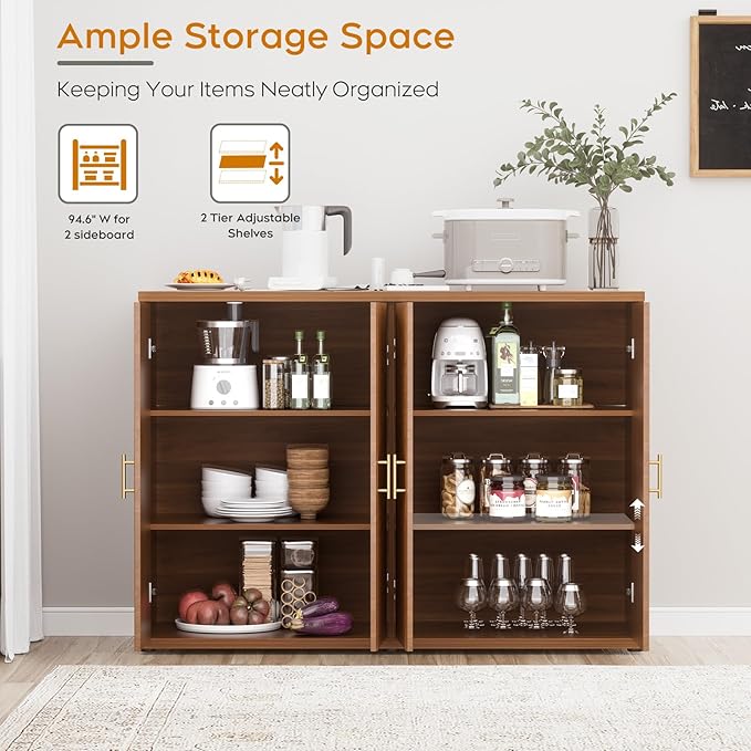 Yechen Walnut Accent Fluted Sideboard Buffet Cabinet with Storage and 4 Doors, Mordern Credenza Storage Cabinet with Adjustable Shelves, Media Console Table, for Living Room Dinning Entryway Kitchen