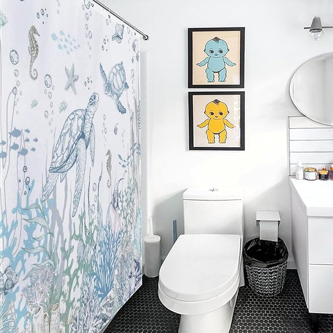 Nautical Coastal Shower Curtain,Summer Blue Sea Turtle Seashell Starfish Underwater Ocean Animal Themed Bathroom Decor Set with Hooks,72x84Inch