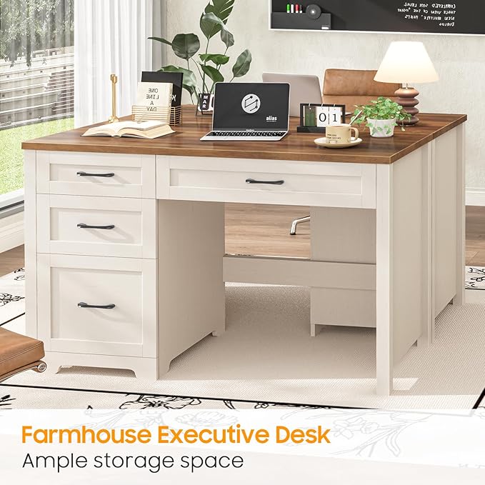 Vabches Farmhouse 47" Executive Desk with File Drawer, Wood Computer Desk with 3 Storage Drawers, Workstation for Home Office, Study, Writing.