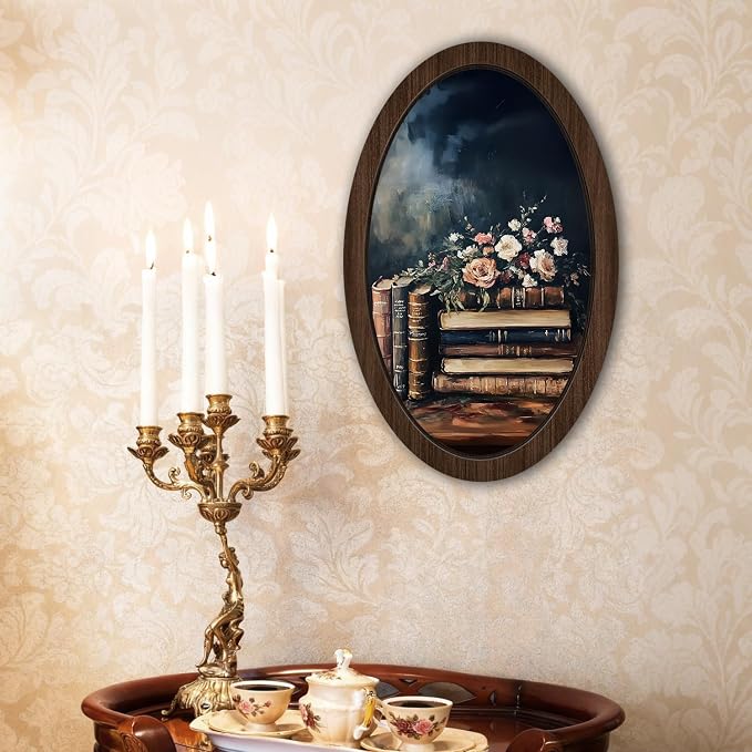 UYIKG Vintage Dark Academia Oval Wall Art Decor,Floral Book Oil Painting Art Wooden Framed Decor,Farmhouse Oval Wooden Wall Decorations for Theme Room Home Bedroom Living Room Reading Room 9x14.6 in