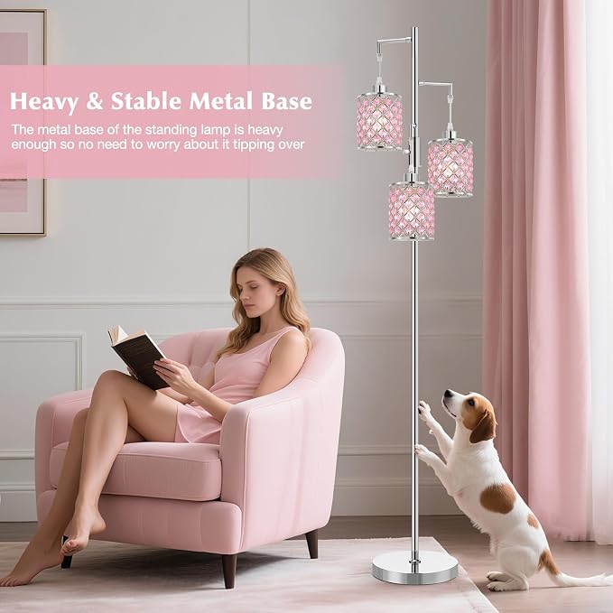 GyroVu Pink Crystal Floor Lamp, 3-Light Standing Tall Lamp with Sparkling K9 Crystal Shade, Rotary Switch, Easy Assemble Lamps for Living Room, Bedroom, Home Office, Girls Room
