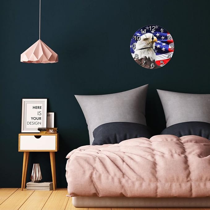 Patriotic Bald Eagle with American Flag Wall Clock Battery Operated Silent Round Clock Wall Decor for Home Office School, 12 Inch