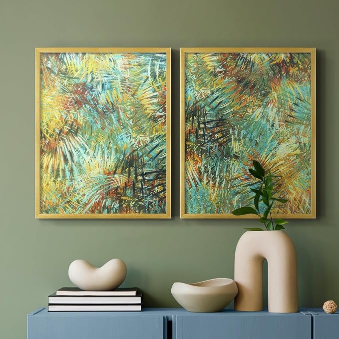 Renditions Gallery Set of 2 Peel & Stick Framed Prints, Nature Abstract Wall Art, Green Leafy Design Wall Decor, Re-Stickable - Ready to Hang - 11"x14" - GOLD Frame LT588