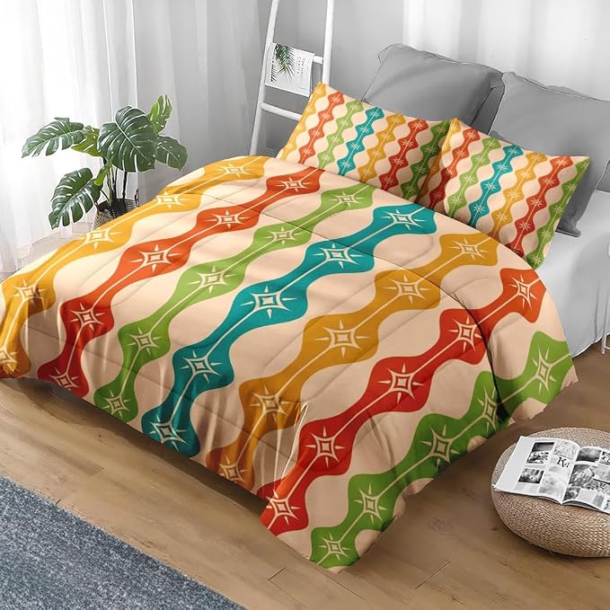 Pamnest Comforter Set Twin Size, Mid Century Atomic Colorful Soft Bedding for Kids and Adults, Green Teal Orange Comforter Set with Pillowcases for Bedroom Bed Decor