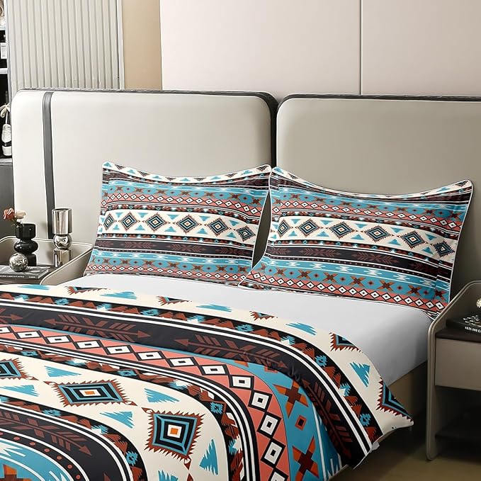 100% Cotton Aztec Duvet Cover Full Southwestern Bedding Set Tribal Native American Comforter Cover Brown Blue Abstract Geometric Tribal Bedroom Decor Ethnic Grid Lattice Quilt Cover