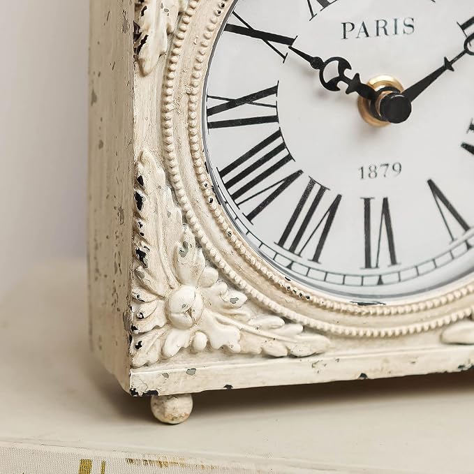 NIKKY HOME Small Table Clock with Handle, Silent Non-Ticking Shelf Desk Top Clock Battery Operated Vintage Rustic Design, Chic Home Decor for Fireplace Mantel, Desktop, Countertop, Distressed White