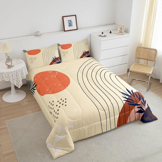 Retro Minimalism Bedding Twin Hippie Modern Comforter Set, Mid Century Bedding Comforter Sets Abstract Art Duvet Insert, Geometric Lines Stripes Down Comforter Red Sun Print Bedroom Decoratives