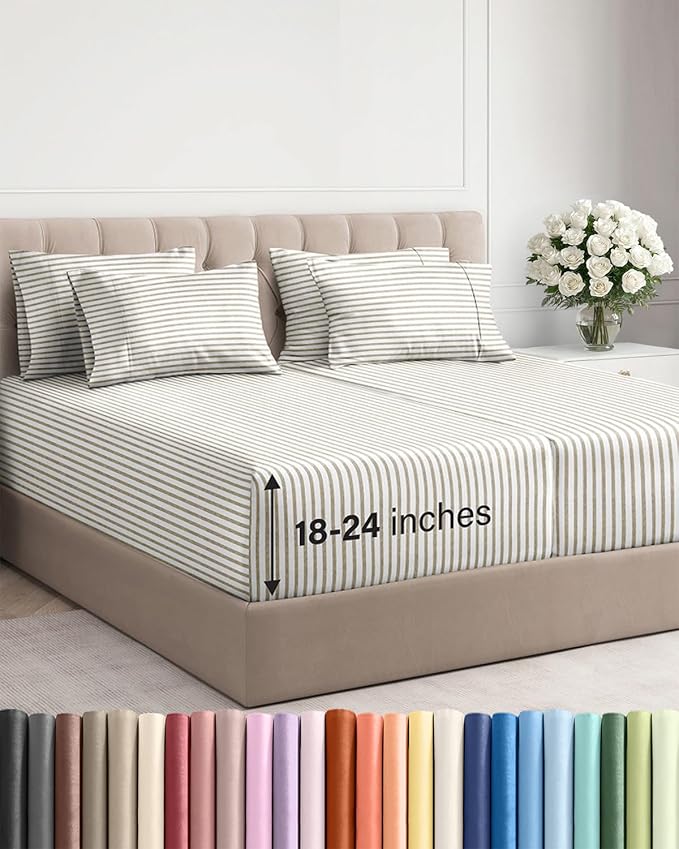 Extra Deep Split King Sheet Set - 7 Piece Breathable and Cooling Sheets - Hotel Luxury Bedding for Women, Men, Kids & Teens - Secure Fit - Soft and Wrinkle Free - Extra Deep Pockets - Beige Stripes