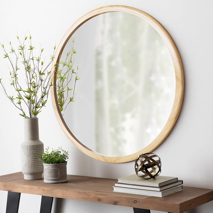Round Wood Mirror,36 inch Circle Wooden Natural Large Farmhouse Vanity Boho Decor Wall Mirror for Bathroom Bedroom Living Room Hallway