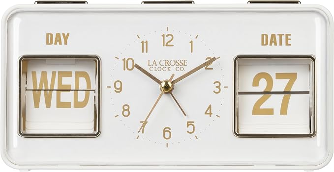 La Crosse Clock 636-379W Daily Flip White Tabletop Alarm Clock with Calendar