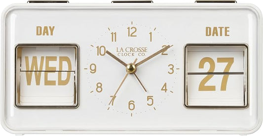 La Crosse Clock 636-379W Daily Flip White Tabletop Alarm Clock with Calendar