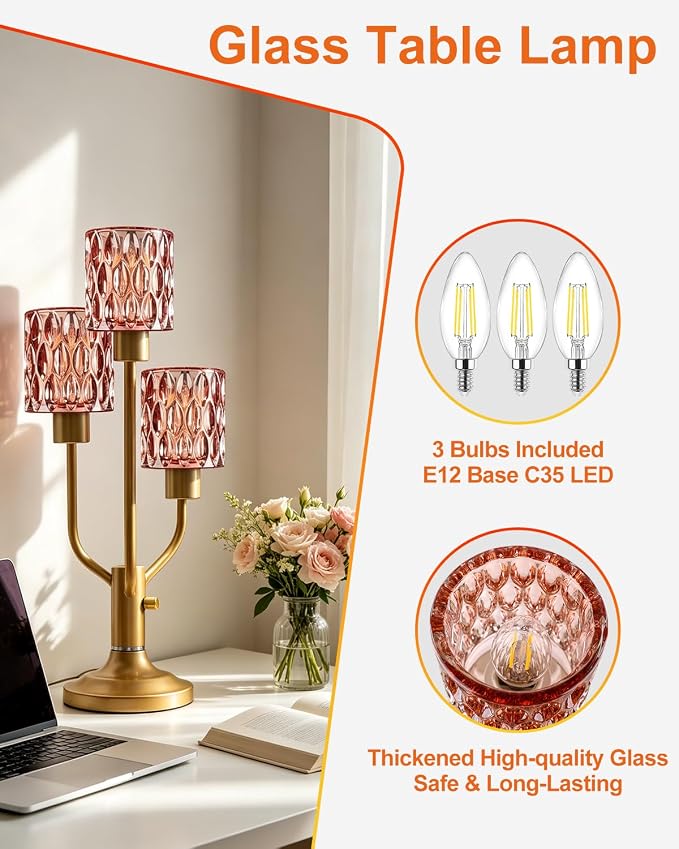 Lightdot Mid Century Modern Table Lamp Dimmable Nightstand Lamp Red Glass Vintage Gold Desk Lamp 3 Bulbs Included Warmwhite Ambient Bedside Lamps for Living Room Bedroom Girls Room Home Office Decor