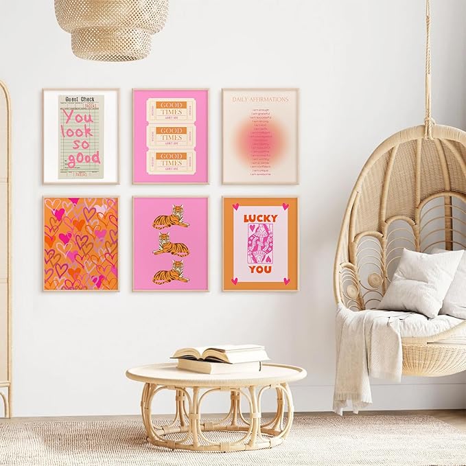 Preppy Wall Art Pink Orange Wall Decor Trendy Canvas Wall Art Aesthetic Pictures Girl Posters Inspirational Daily Affirmation Prints Lucky You Artwork Set of 6 for Dorm Room 8x10 Inch Unframed