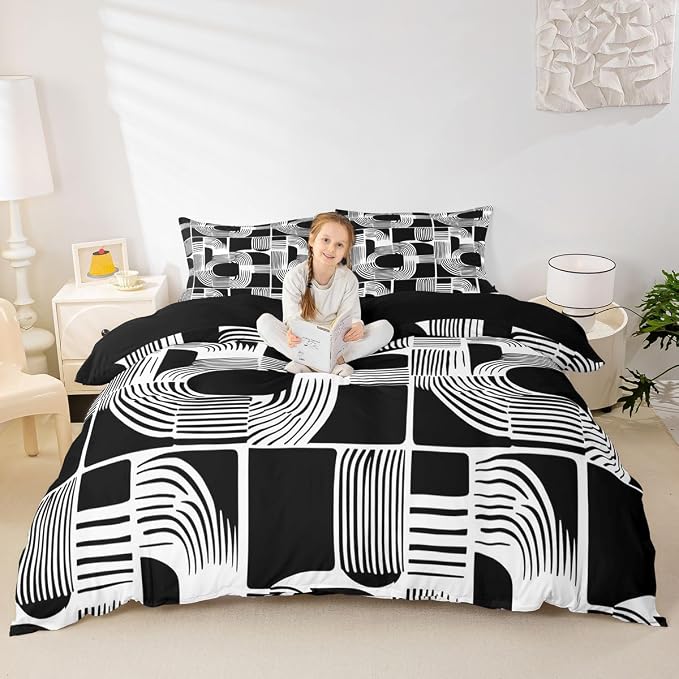 Erosebridal Black and White Teens Duvet Cover 2 Piece Bohemian Geometric Bedding Set Twin Size Mid Century Abstract Comforter Cover for Kids Boys Adult Bedroom Boho Stripes Minimalist Bed Sets
