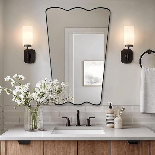 ANDY STAR Scalloped Mirror for Bathroom, 24x36 Inch Matte Black Butterfly Mirror for Living Room,Fireplace, Rustproof Stainless Steel Metal Frame, Hang Vertical or Horizontal