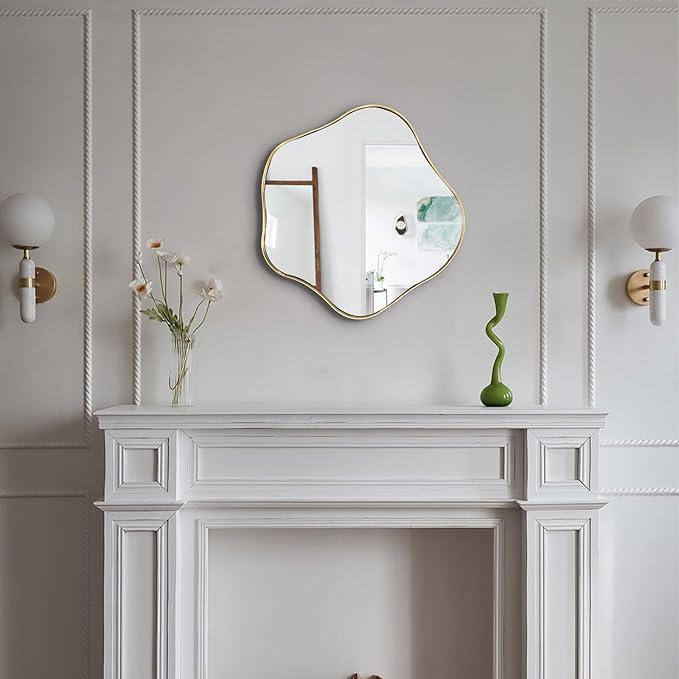 Gold Irregular Mirror, 16" Asymmetrical Shaped Mirror, Wavy Round Mirrors Decorative, Modern Scalloped Mirrors for Living Room Bathroom Bedroom Hallway Entryway Fireplace